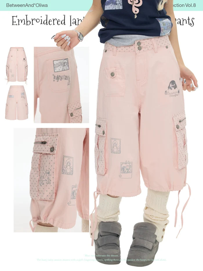 Embroidered lantern denim cropped pants