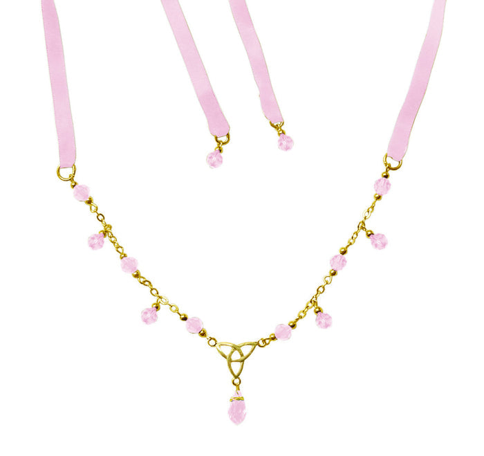 Gold Eternity Tie-On Crown and Necklace with pink ribbon ties, Celtic trinity knot centerpiece, and pink crystal bead accents, front view.