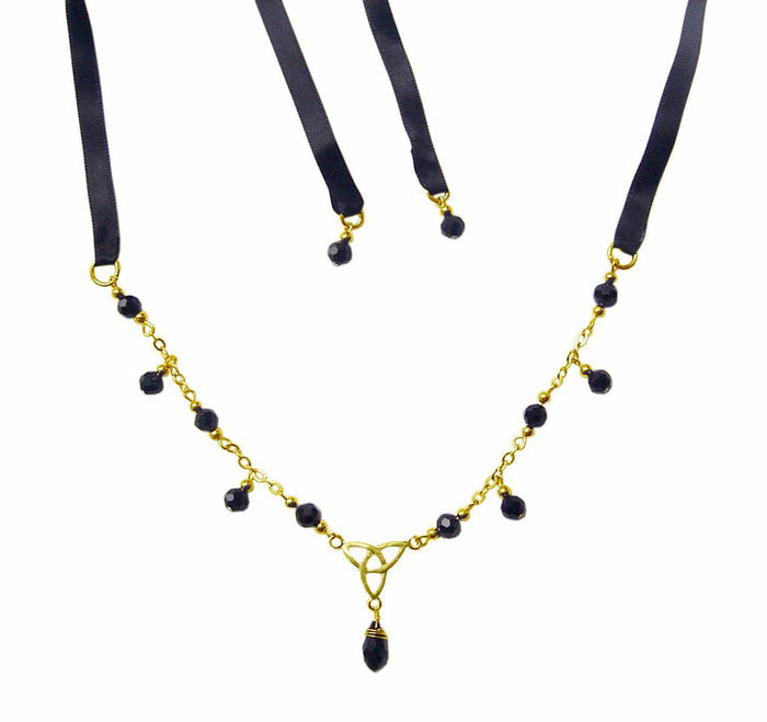 Gold Eternity Tie-On Crown and Necklace with black ribbon ties, Celtic trinity knot centerpiece, and black crystal bead accents, front view.