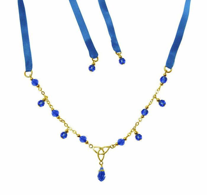 Gold Eternity Tie-On Crown and Necklace with blue ribbon ties, Celtic trinity knot centerpiece, and blue crystal bead accents, front view.