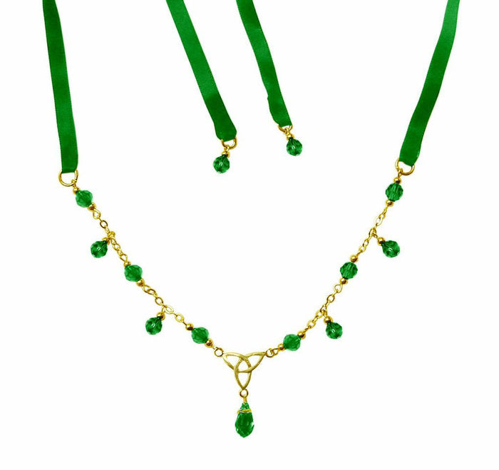 Gold Eternity Tie-On Crown and Necklace with green ribbon ties, Celtic trinity knot centerpiece, and green crystal bead accents, front view.