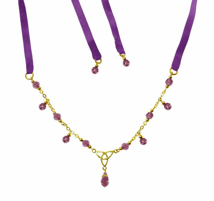 Gold Eternity Tie-On Crown and Necklace with purple ribbon ties, Celtic trinity knot centerpiece, and purple crystal bead accents, front view.