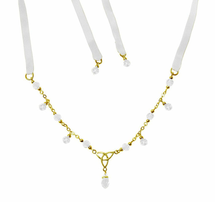 Gold Eternity Tie-On Crown and Necklace with white ribbon ties, Celtic trinity knot centerpiece, and clear crystal bead accents, front view.