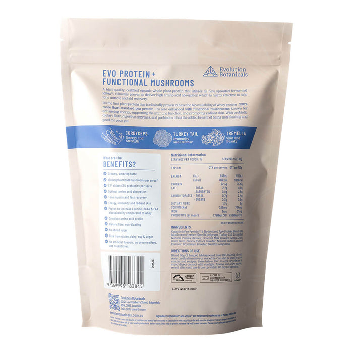 Back of 450g bag Evolution Botanicals EVO Protein + Functional Mushrooms in Creamy Vanilla flavour, showing nutritional information.