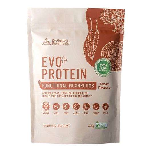 450g bag Evolution Botanicals EVO Protein + Functional Mushrooms in Smooth Chocolate flavour, optimised plant protein for muscle tone and energy.