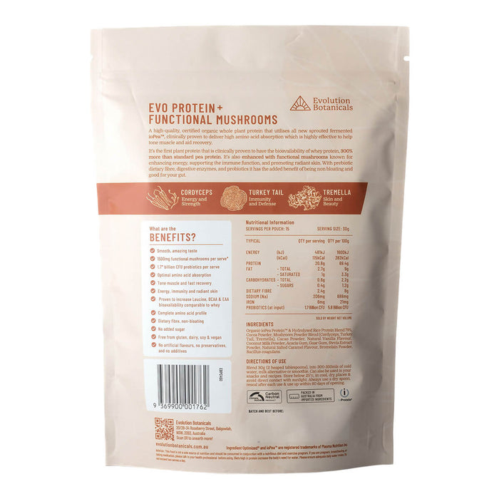 Back of 450g bag Evolution Botanicals EVO Protein + Functional Mushrooms in Smooth Chocolate flavour, showing nutritional information.