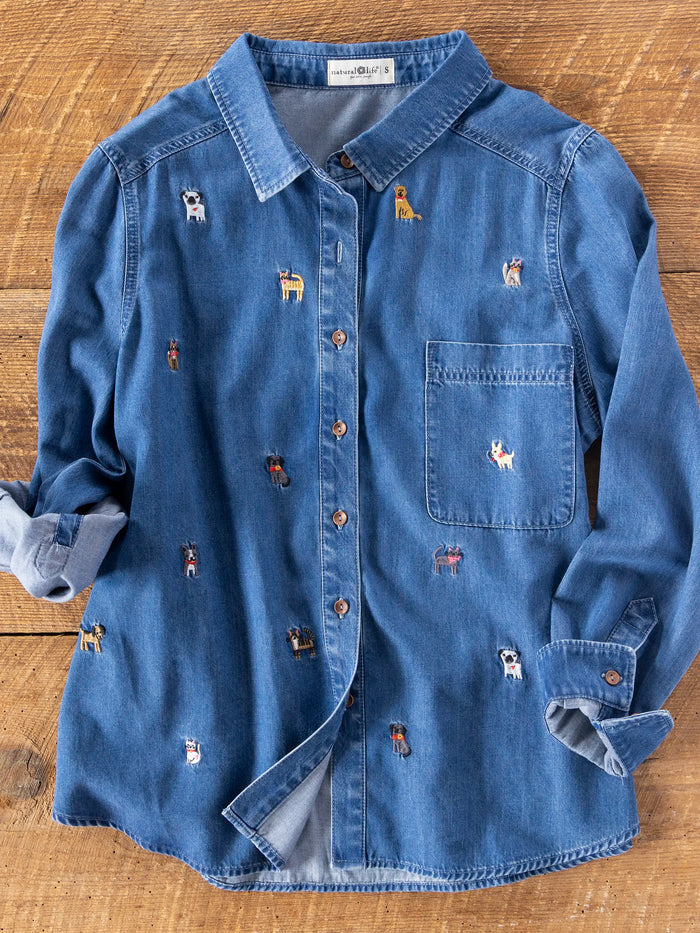 Fave Little Things Embroidered Shirt - Dark Wash Denim-view 1