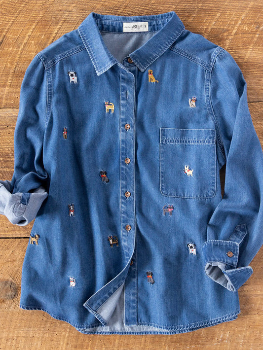 Fave Little Things Embroidered Shirt - Dark Wash Denim-view 1