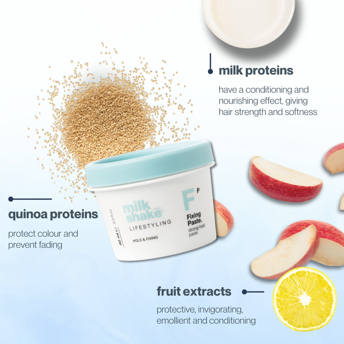 milk_shake lifestyling fixing paste with text about milk proteins, quinoa proteins, and fruit extracts on a light blue background.