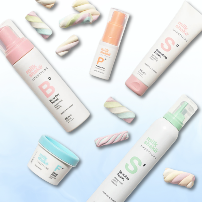 Collection of milk_shake  lifestyling products with colorful packaging on a light blue background