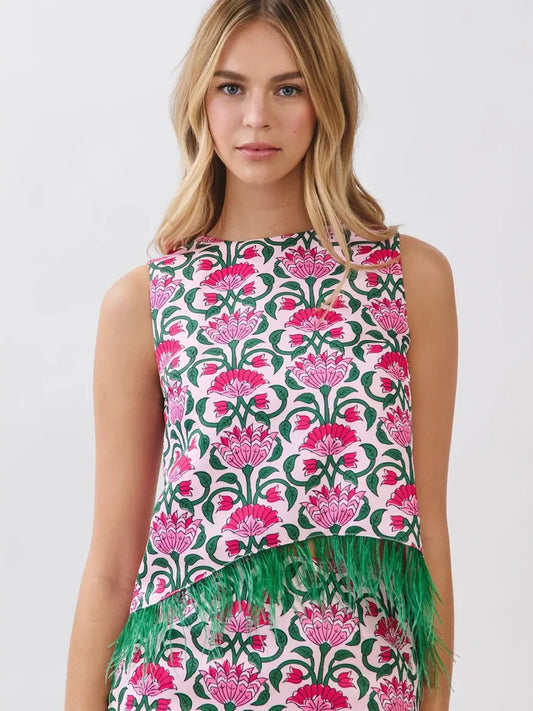 Floral Print Feather Trim Sleeveless Top