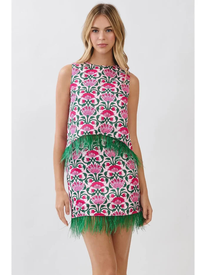Floral Print Feather Trim Sleeveless Top