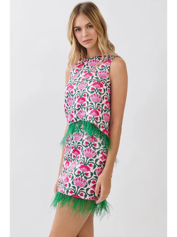 Floral Print Feather Trim Sleeveless Top