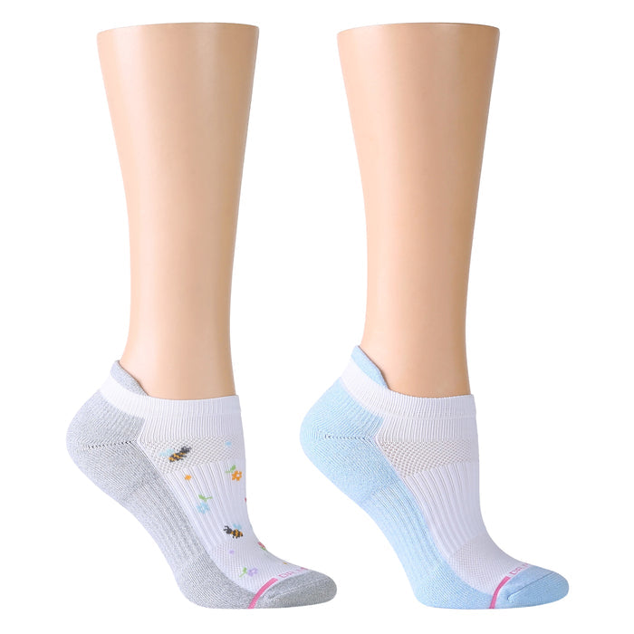 Ankle compression socks featuring a floral and bee design in gray and blue colors.