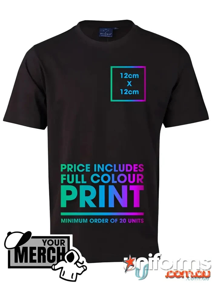 Black combed cotton workwear tee with full color print area for uniforms or casual wear
