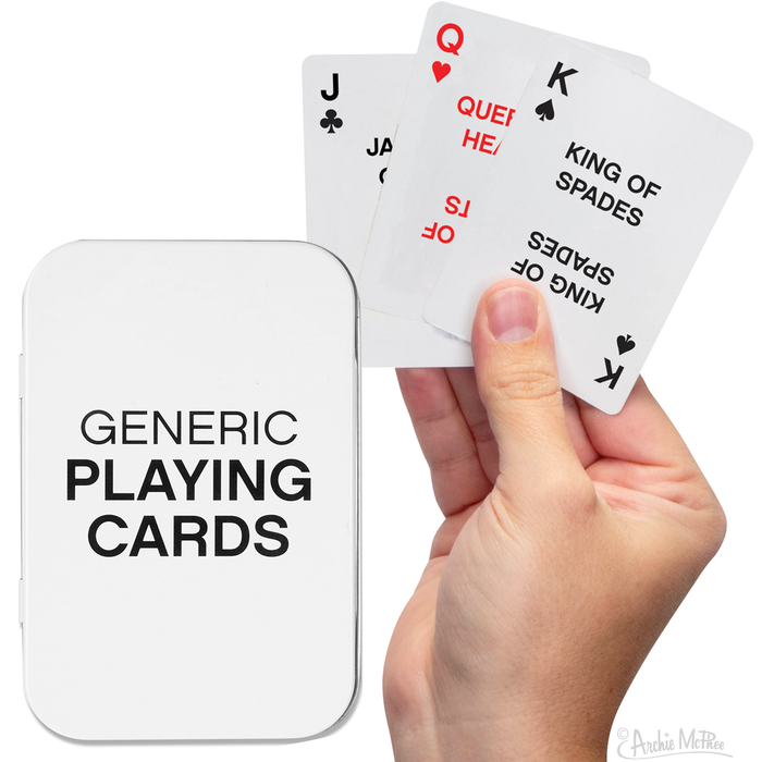 A hand displays playing cards from the Generic Playing Cards deck: the Jack of Spades, Queen of Hearts, and King of Spades. Nearby rests a box labeled "Generic Playing Cards.