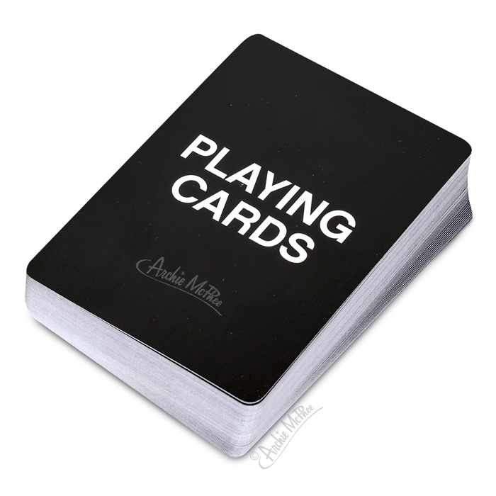 A deck of Generic Playing Cards with a sleek black cover featuring the text PLAYING CARDS in white.