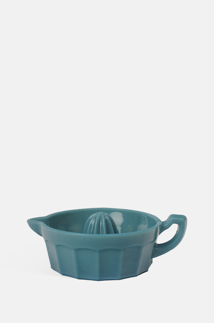 Mosser Glass steel georgia blue moulded glass juice reamer with pouring handle.