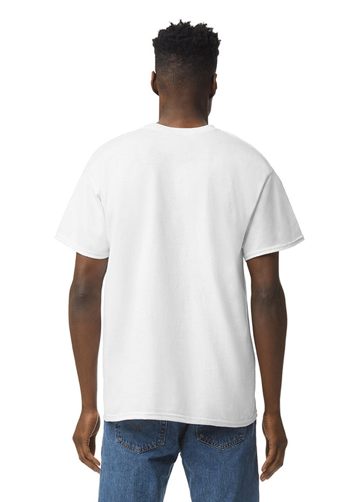 Back view of a man wearing a white Gildan 5.3oz. Cotton Short Sleeve T-shirt and blue jeans on a white background.
