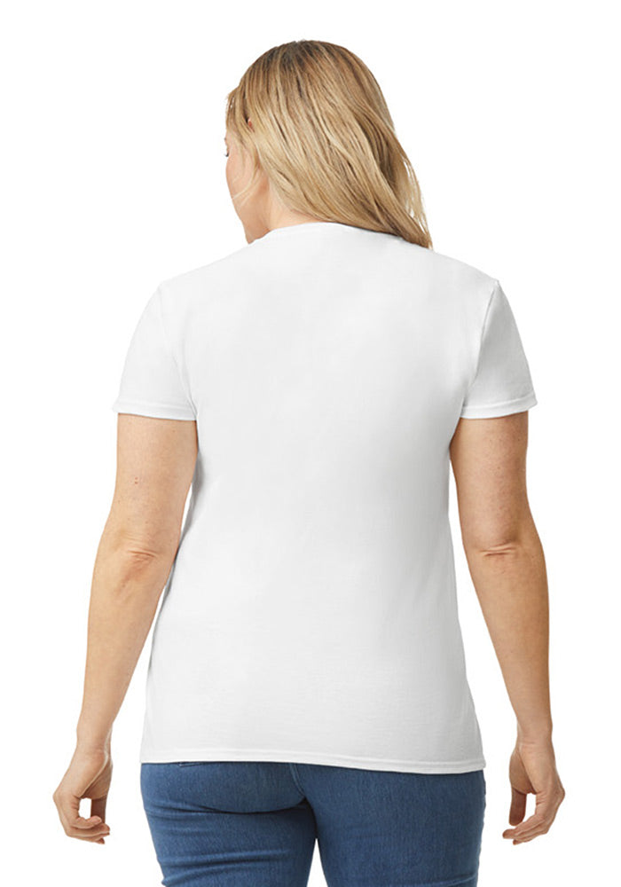 Back view of a woman wearing a modern-fitted, plain white short-sleeved t-shirt and blue jeans on a white background