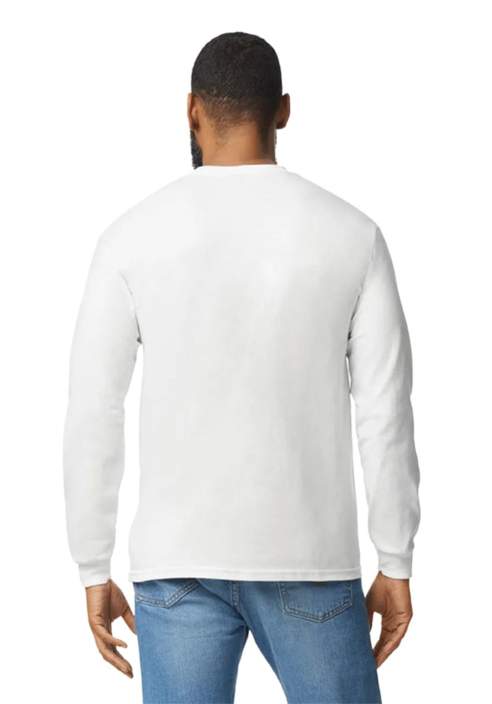 Back view of man wearing a Gildan 5.3oz. Cotton Long Sleeve T-shirt and blue jeans on a white background.