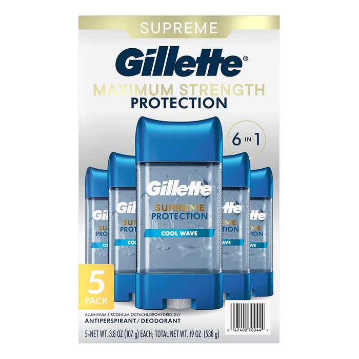 Gillette 6 in 1 Deodorant for Men Clear Gel Antiperspirant, Cool Wave, 3.8 oz - 5 Pack