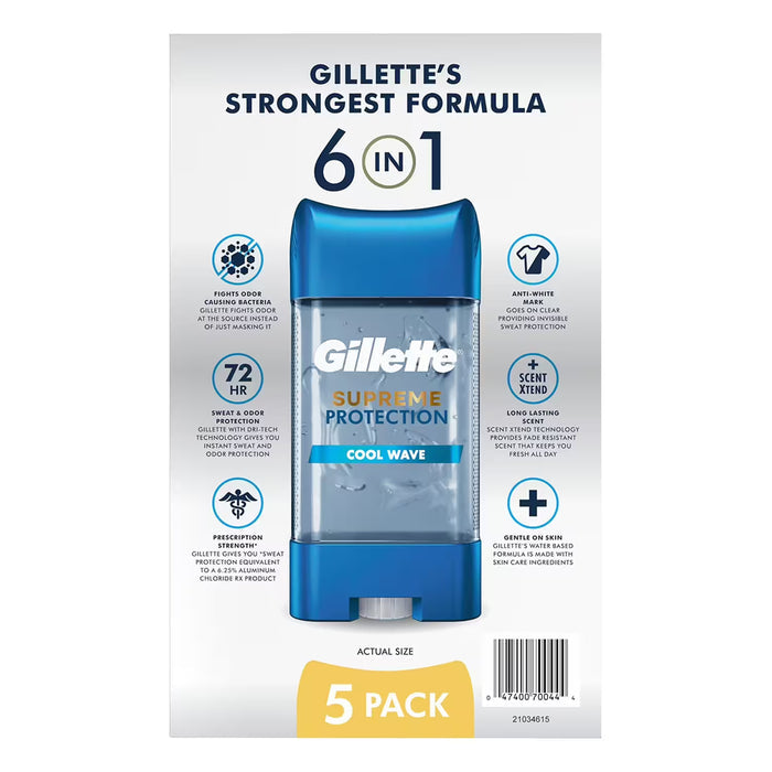 Gillette 6 in 1 Deodorant for Men Clear Gel Antiperspirant, Cool Wave, 3.8 oz - 5 Pack