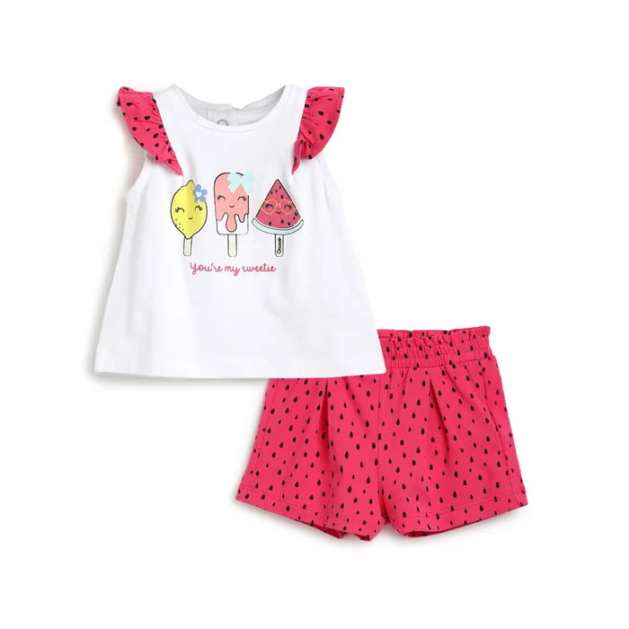 Girls White & Pink Printed Top with Shorts