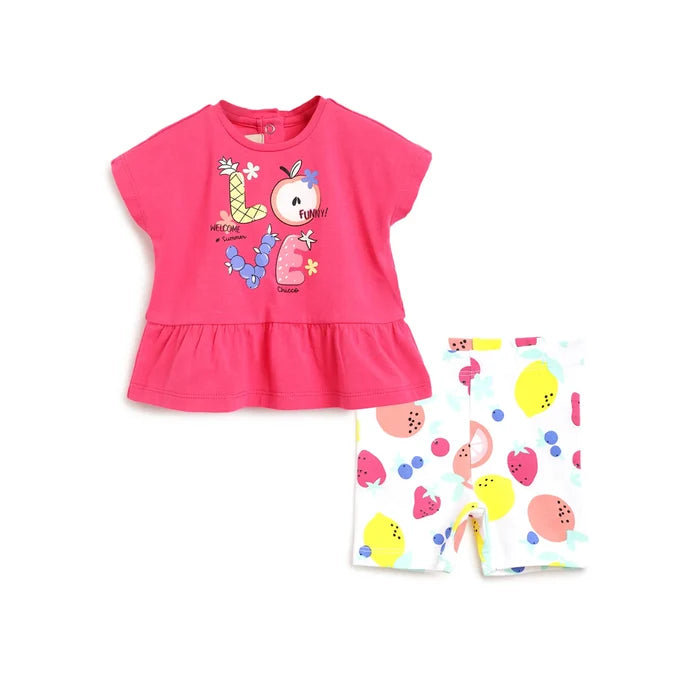 Girls White & Pink Printed Top with Shorts