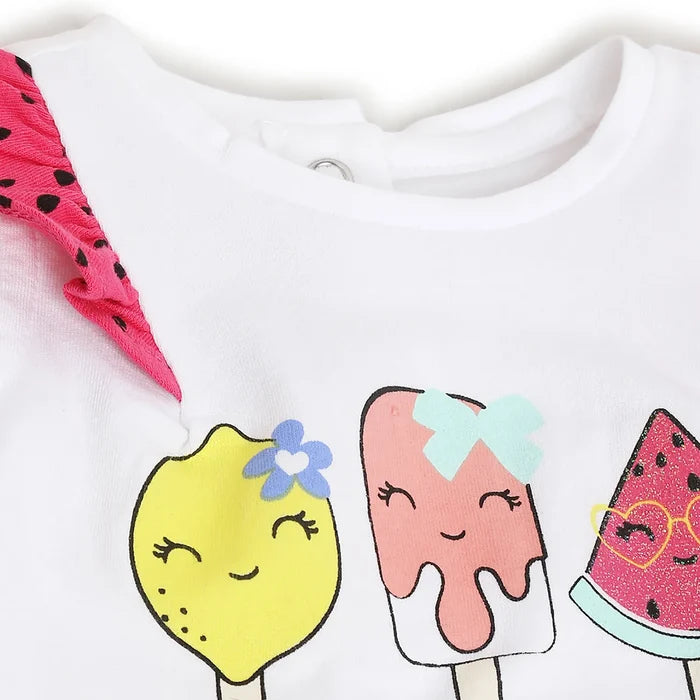 Girls White & Pink Printed Top with Shorts