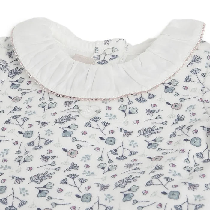 Girls White Printed Nappy Opening Babysuit