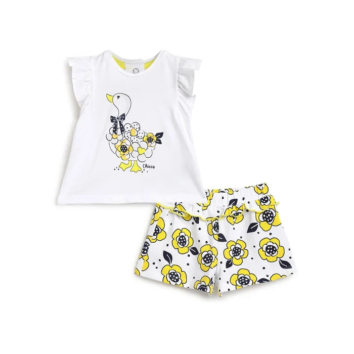 Girls White & Yellow Printed Top with Shorts