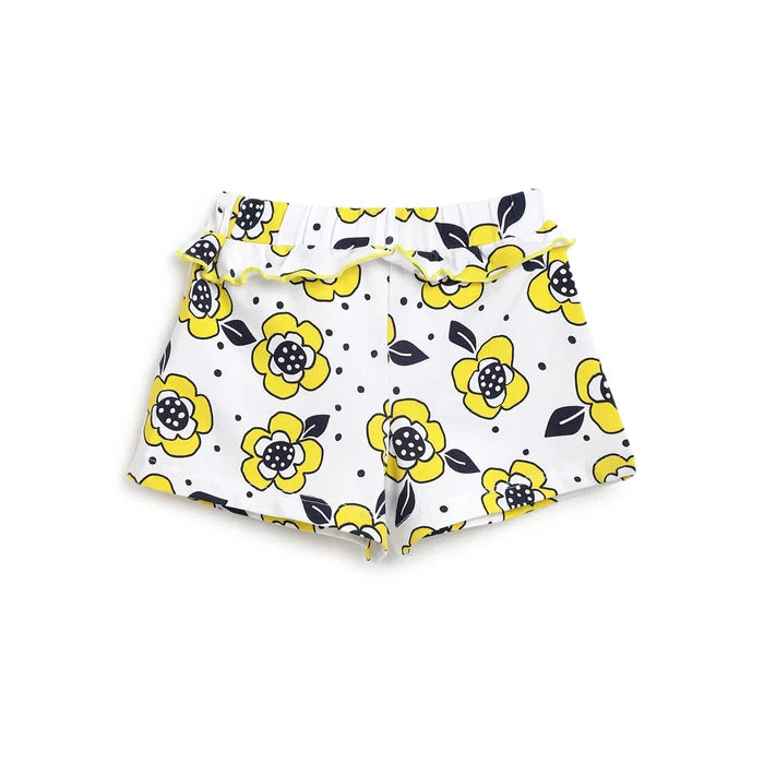 Girls White & Yellow Printed Top with Shorts