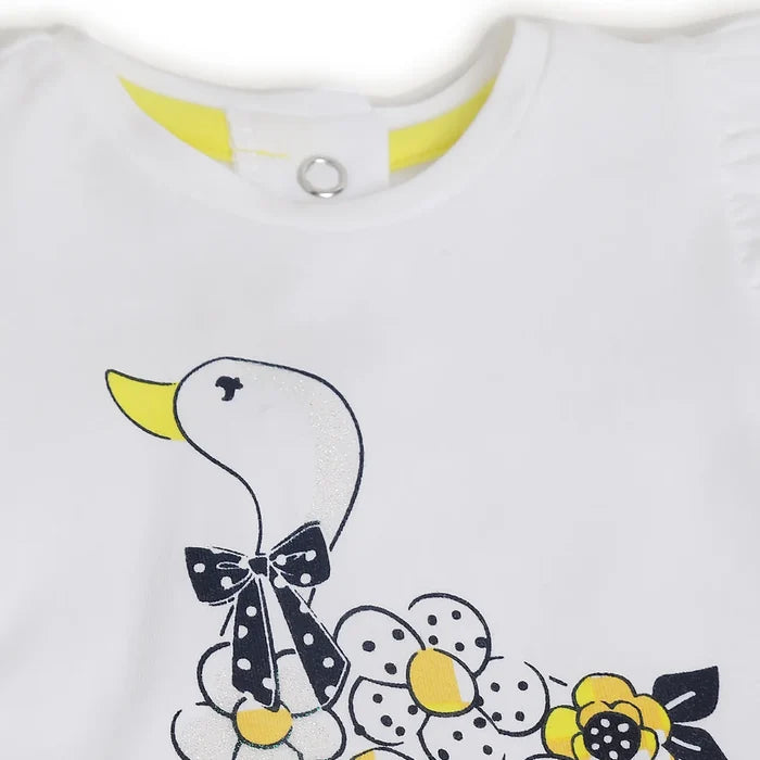 Girls White & Yellow Printed Top with Shorts