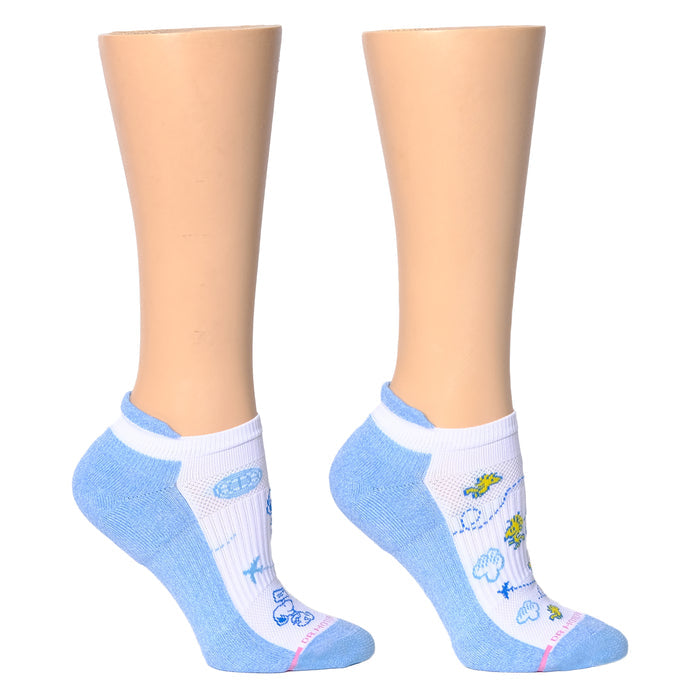 Ankle compression socks in blue with white tops, featuring colorful travel-themed designs.