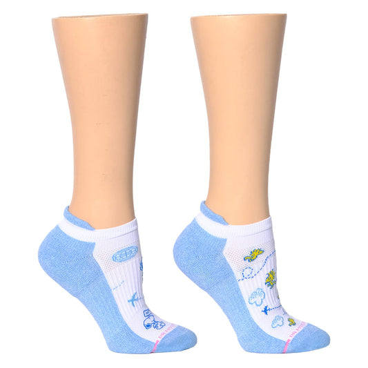 Ankle compression socks in blue with white tops, featuring colorful travel-themed designs.