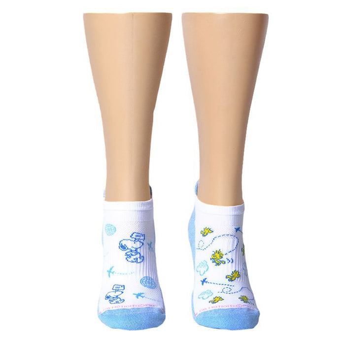 Ankle compression socks featuring Snoopy and travel-themed designs in blue and white.