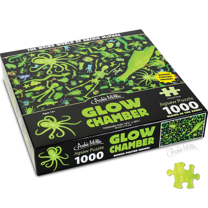 The Glow Chamber Puzzle box showcases a ghostly green and black design, includes 1000 pieces, and glows in the dark, making it ideal for puzzle enthusiasts seeking to illuminate their evenings with an engaging challenge.