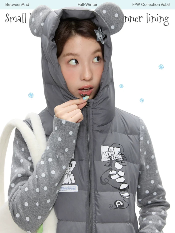 Gray polka-dot lightweight down jacket with bear ear hood