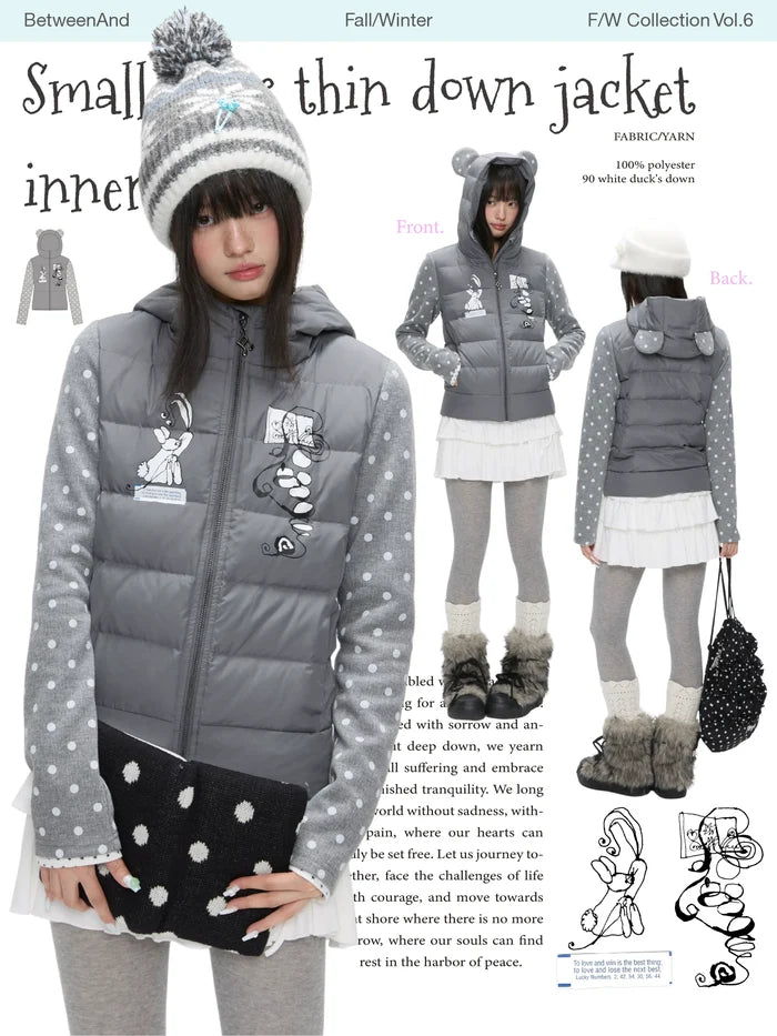 Gray polka-dot lightweight down jacket with bear ear hood
