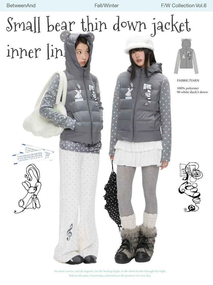 Gray polka-dot lightweight down jacket with bear ear hood