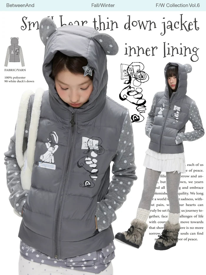 Gray polka-dot lightweight down jacket with bear ear hood