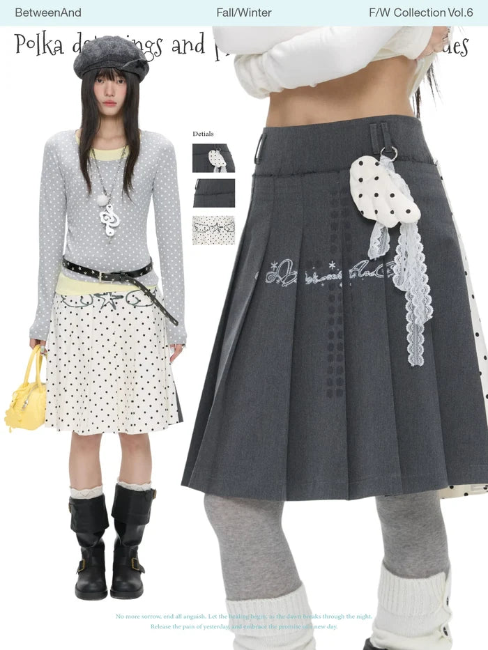Grey and white two-face pleated skirt with polka-dot panels
