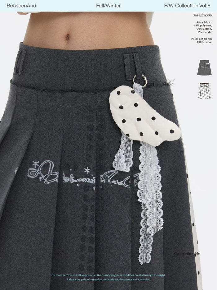 Grey and white two-face pleated skirt with polka-dot panels