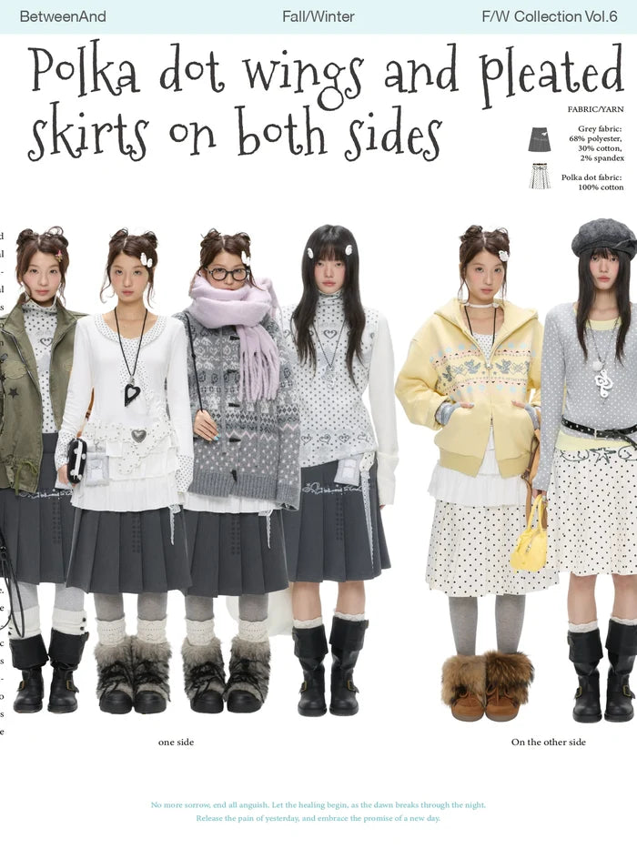 Grey and white two-face pleated skirt with polka-dot panels