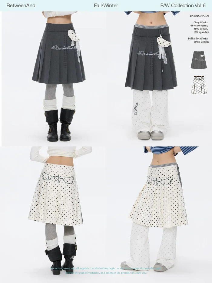 Grey and white two-face pleated skirt with polka-dot panels