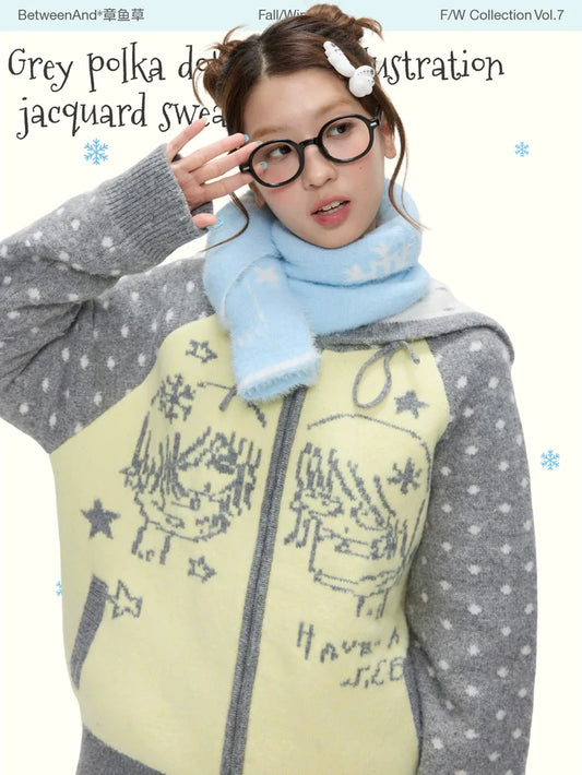 Grey and yellow polka dot illustration sweater