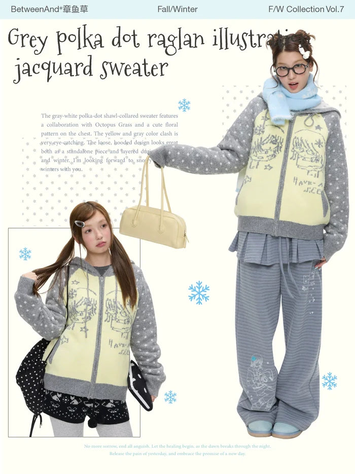Grey and yellow polka dot illustration sweater