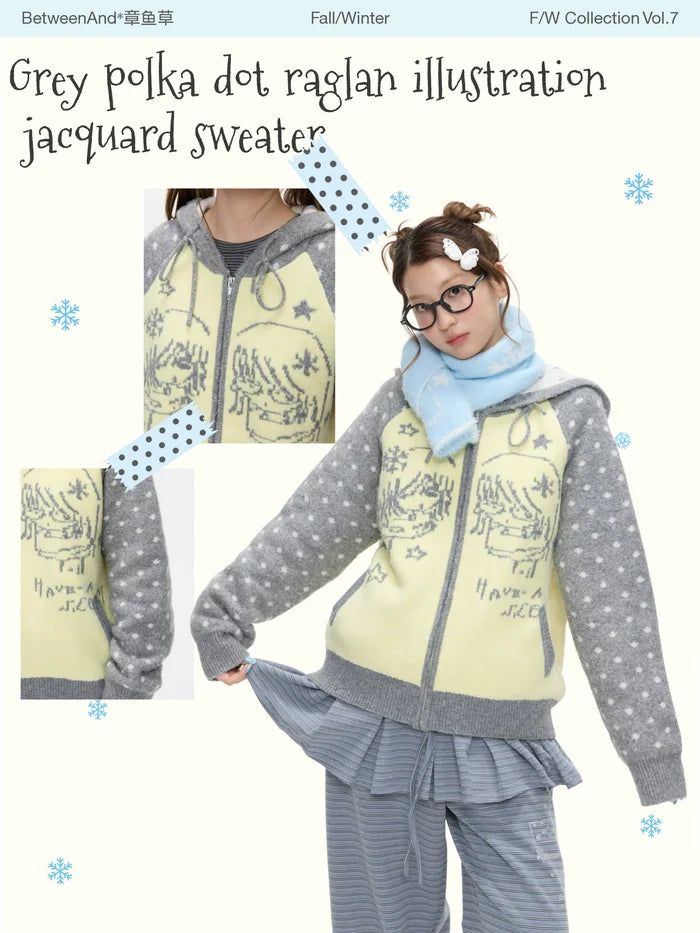 Grey and yellow polka dot illustration sweater