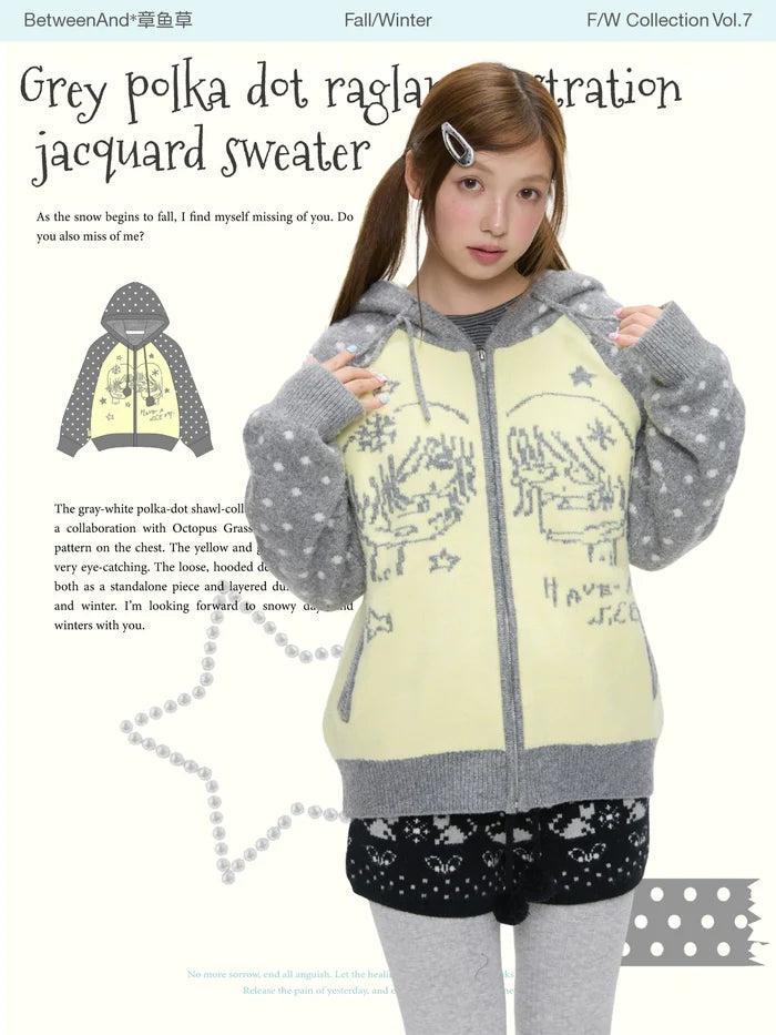 Grey and yellow polka dot illustration sweater